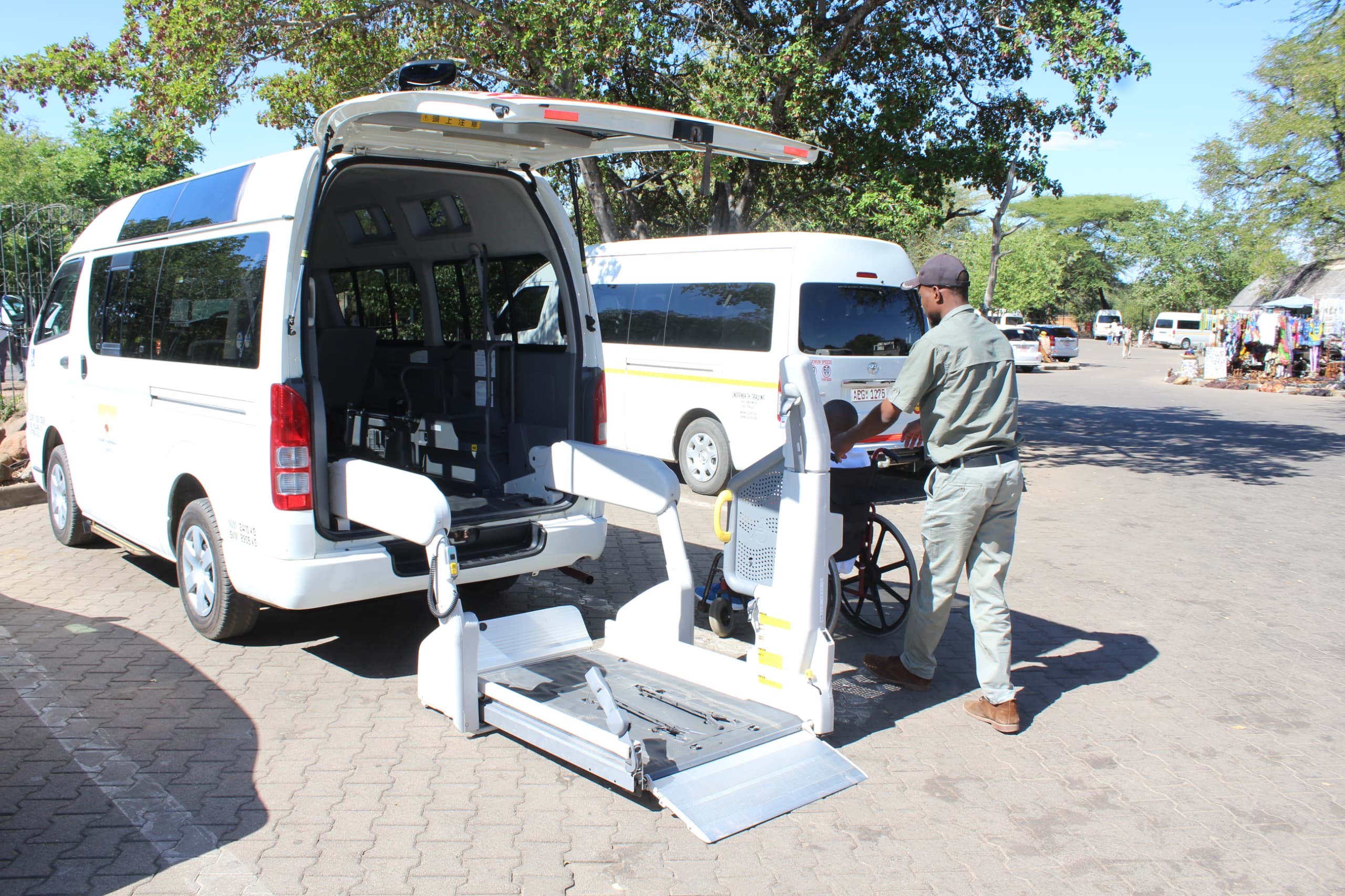 Open rear access area of an accessible safari vehicle