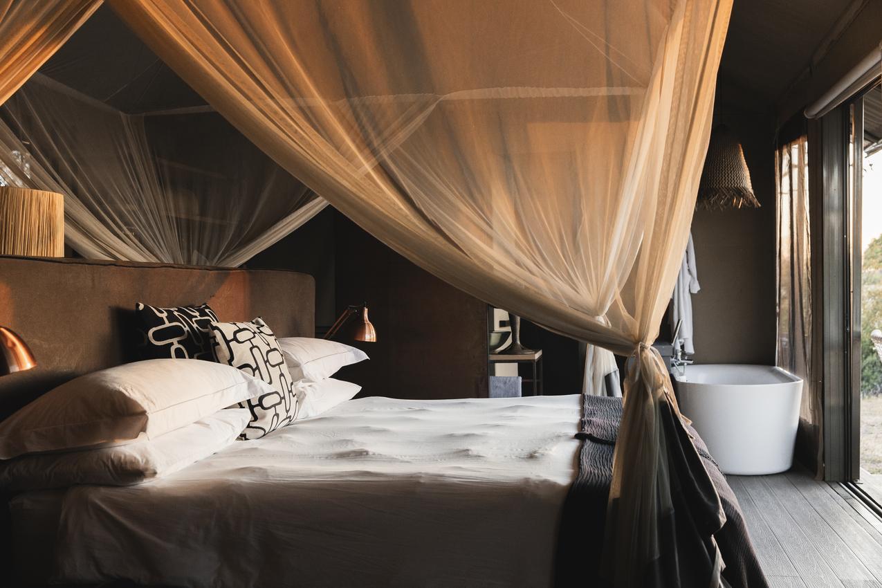 Inside a luxury tent at Linkwasha Camp, Hwange