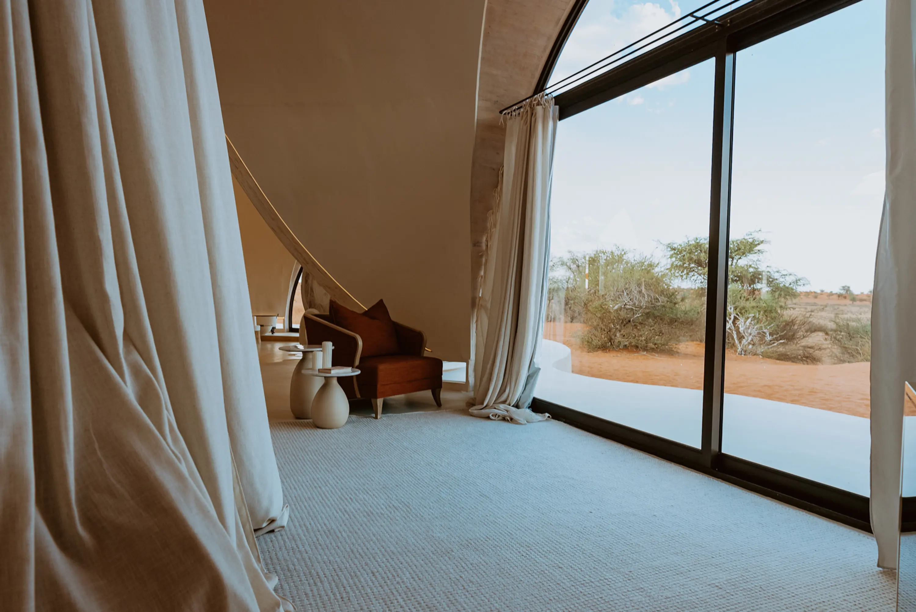 Lounge inside the Reverie Kalahari Pod